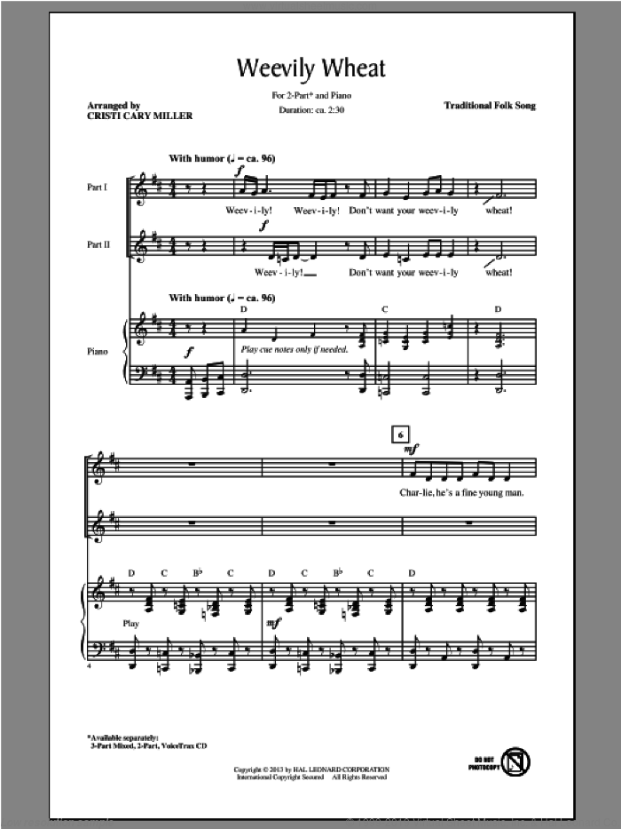 Weevily Wheat sheet music for choir (2-Part) by Cristi Cary Miller, intermediate duet