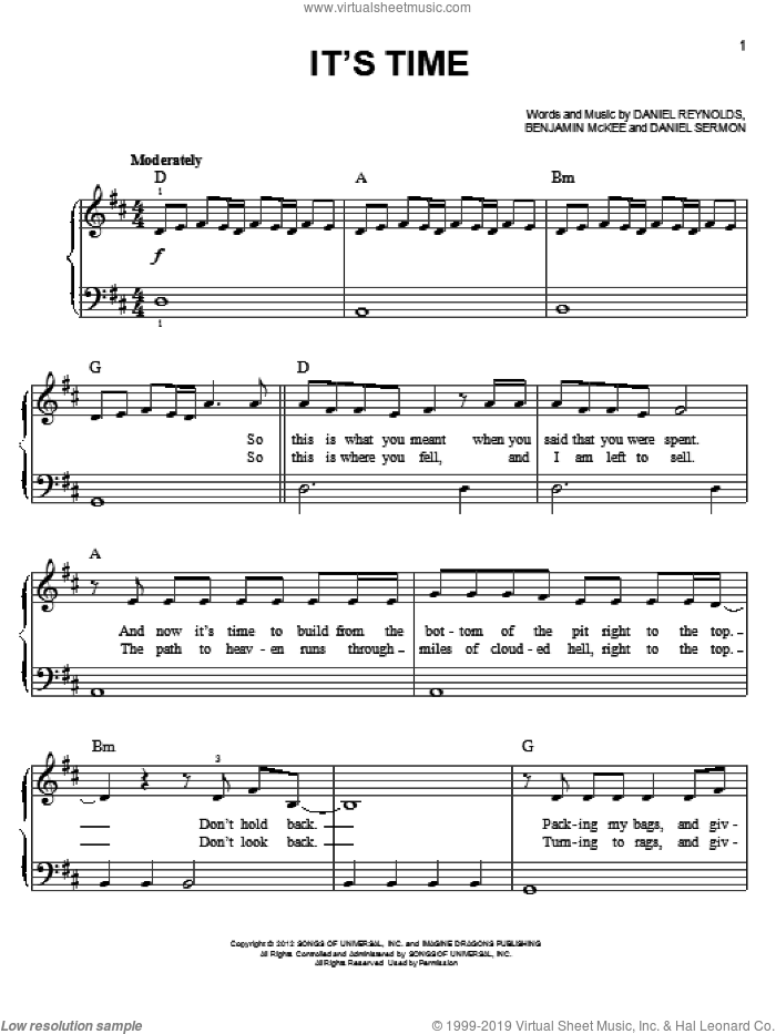 It's Time sheet music for piano solo by Imagine Dragons, beginner skill level