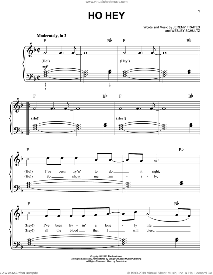 Ho Hey, (beginner) sheet music for piano solo by The Lumineers, beginner skill level