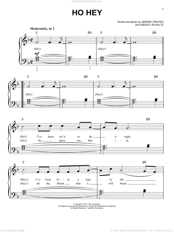 Ho Hey, (beginner) sheet music for piano solo by The Lumineers, beginner skill level