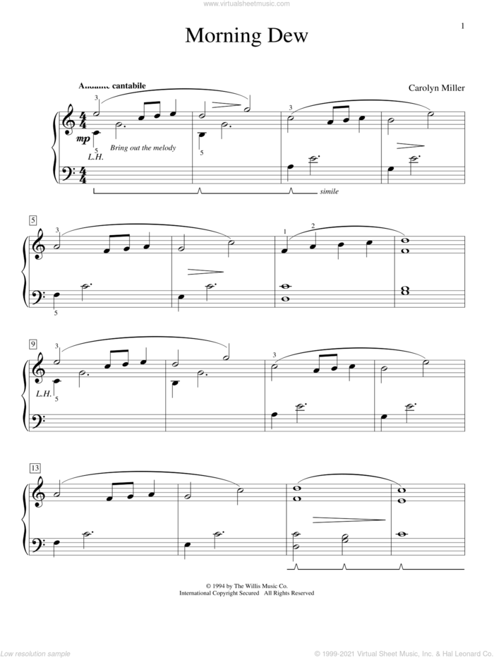 Morning Dew sheet music for piano solo (elementary) by Carolyn Miller, classical score, beginner piano (elementary)
