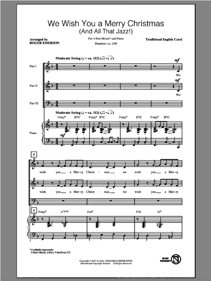 We Wish You A Merry Christmas sheet music for choir (3-Part Mixed) by Roger Emerson, intermediate skill level