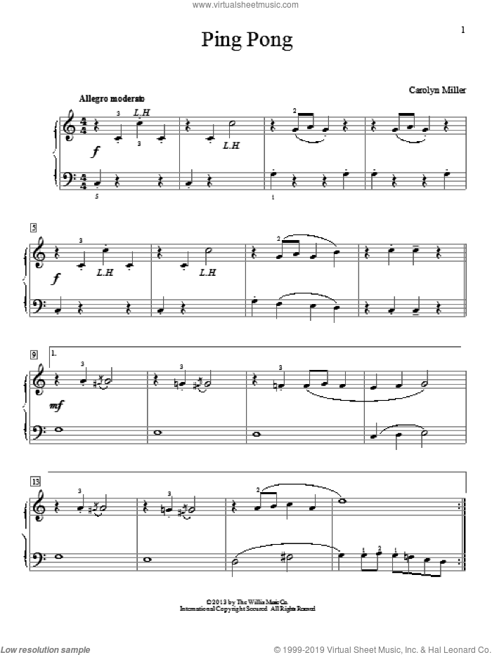 Ping Pong sheet music for piano solo (elementary) by Carolyn Miller, classical score, beginner piano (elementary)