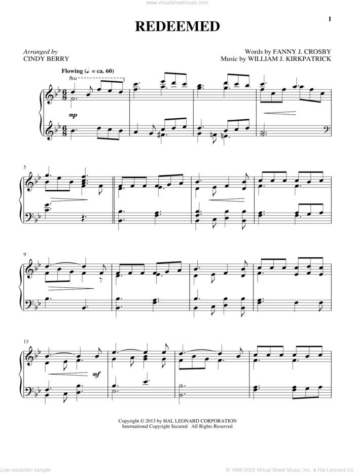 Redeemed sheet music for piano solo by Cindy Berry, intermediate skill level