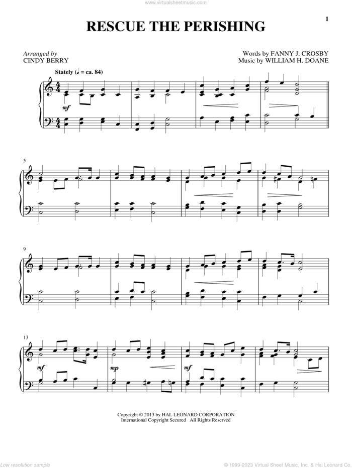 Rescue The Perishing sheet music for piano solo by Cindy Berry, intermediate skill level