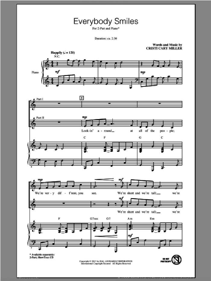 Everybody Smiles sheet music for choir (2-Part) by Cristi Cary Miller, intermediate duet