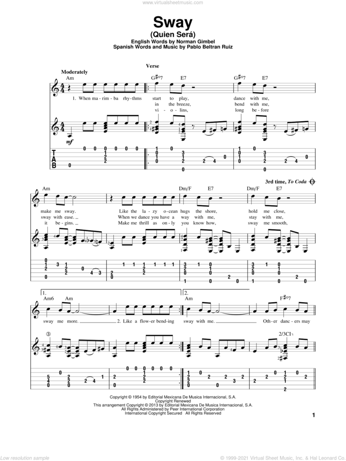 Sway (Quien Sera) sheet music for guitar solo by Dean Martin, Norman Gimbel and Pablo Beltran Ruiz, intermediate skill level