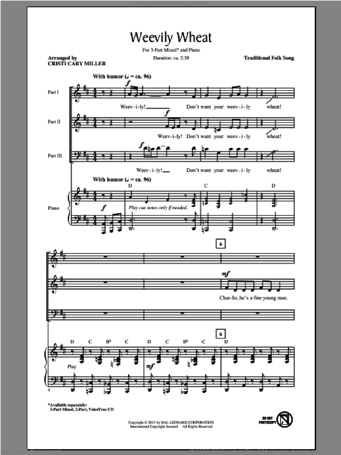 Weevily Wheat sheet music for choir (3-Part Mixed) by Cristi Cary Miller, intermediate skill level
