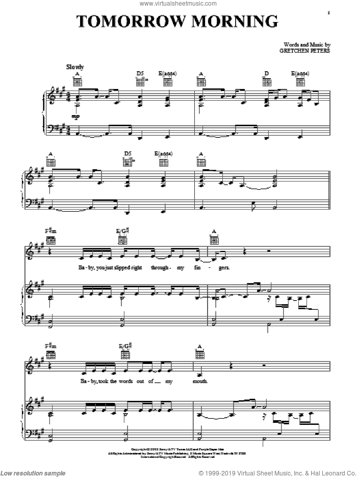 Tomorrow Morning sheet music for voice, piano or guitar by Gretchen Peters, intermediate skill level