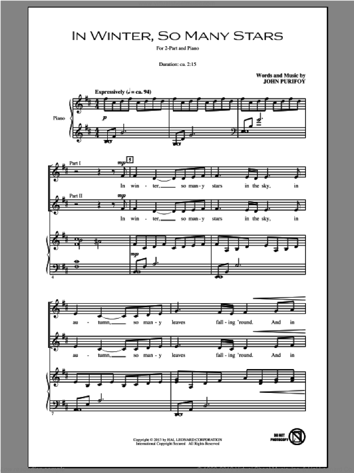 In Winter, So Many Stars sheet music for choir (2-Part) by John Purifoy, intermediate duet