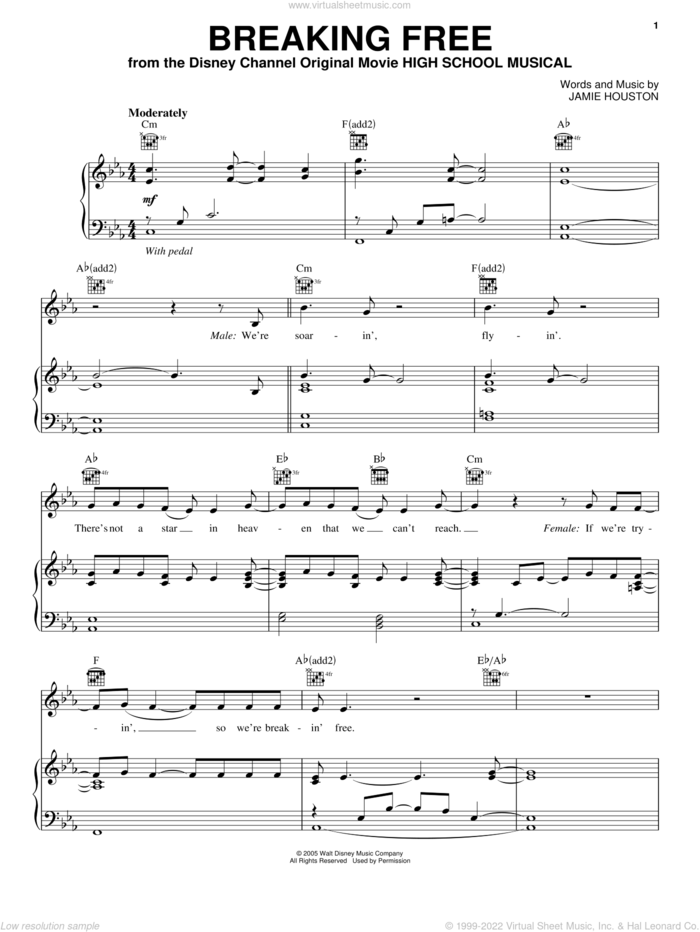 Breaking Free (from High School Musical) sheet music for voice, piano or guitar by Jamie Houston, High School Musical and Zac Efron and Vanessa Anne Hudgens, intermediate skill level