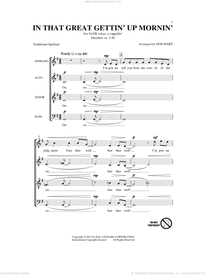 In That Great Gettin' Up Morning sheet music for choir (SATB: soprano, alto, tenor, bass) by Don Hart, intermediate skill level