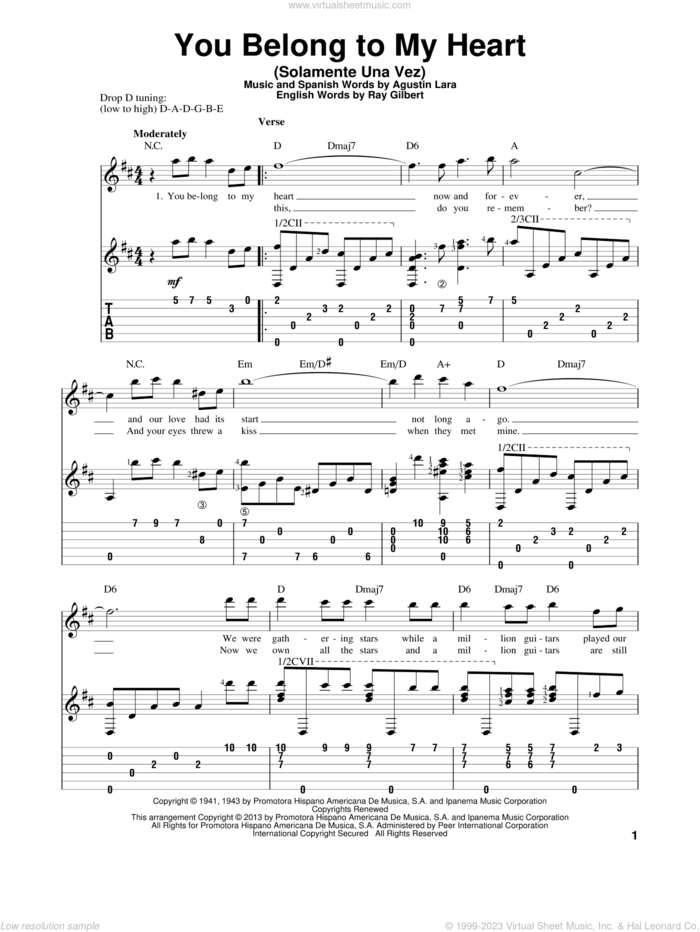 You Belong To My Heart (Solamente Una Vez) sheet music for guitar solo by Agustin Lara and Ray Gilbert, intermediate skill level