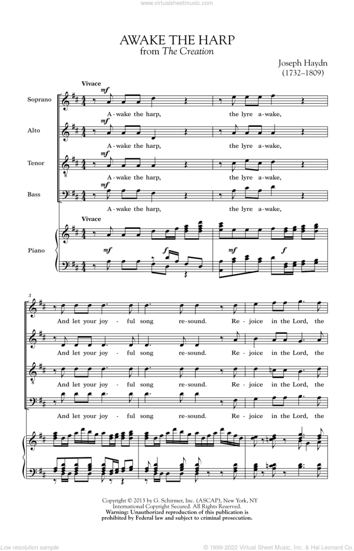 Awake The Harp sheet music for choir (SATB: soprano, alto, tenor, bass) by Franz Joseph Haydn, intermediate skill level