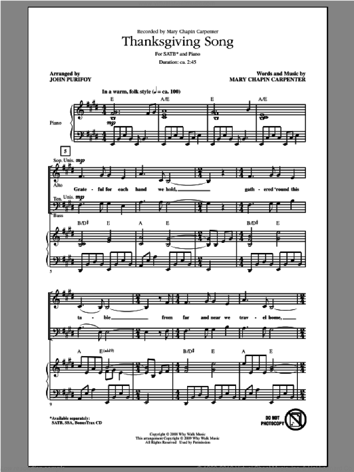 Thanksgiving Song (arr. John Purifoy) sheet music for choir (SATB: soprano, alto, tenor, bass) by Mary Chapin Carpenter and John Purifoy, intermediate skill level
