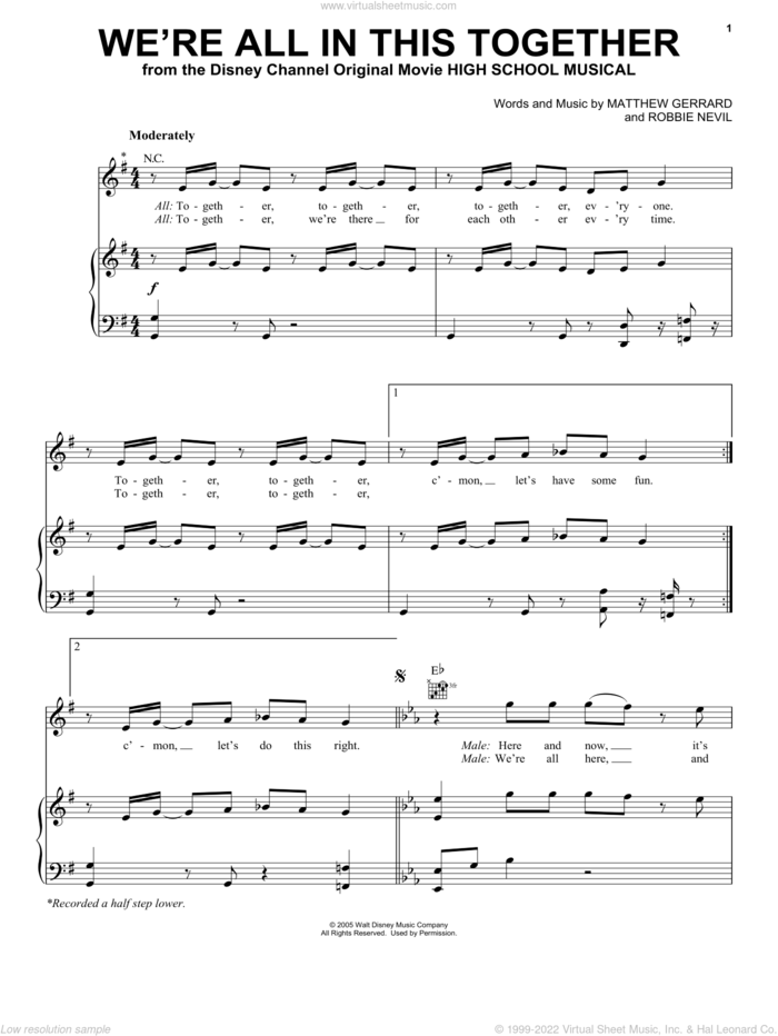 We're All In This Together (from High School Musical) sheet music for voice, piano or guitar by High School Musical Cast, High School Musical, Matthew Gerrard and Robbie Nevil, intermediate skill level