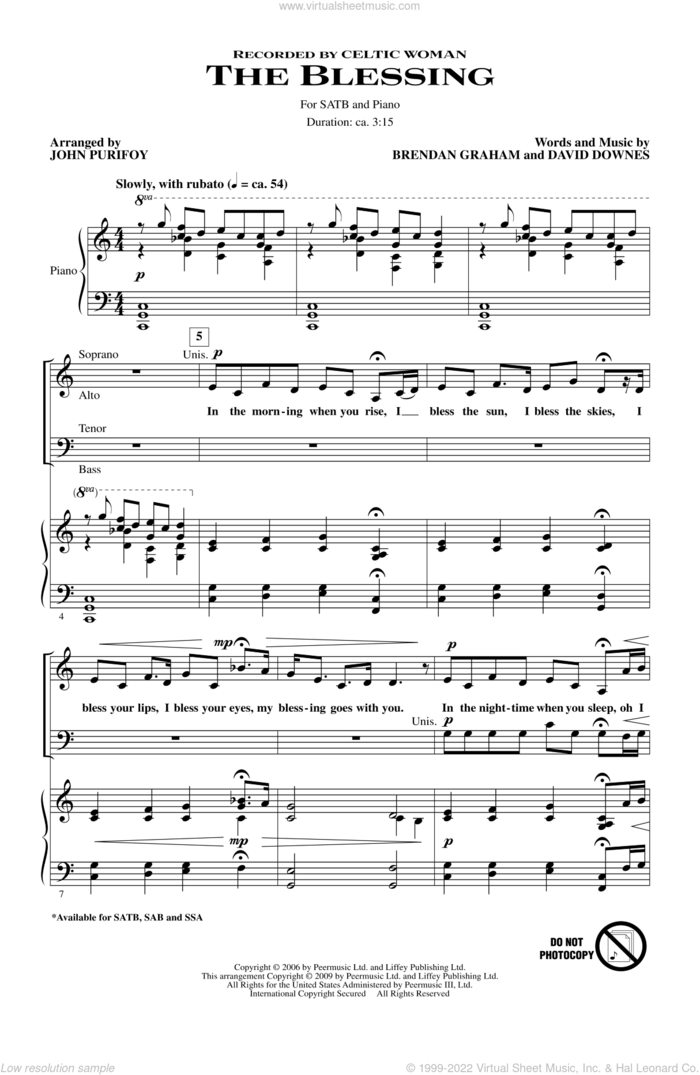 The Blessing (arr. John Purifoy) sheet music for choir (SATB: soprano, alto, tenor, bass) by Celtic Woman, Brendan Graham, David Downes and John Purifoy, intermediate skill level