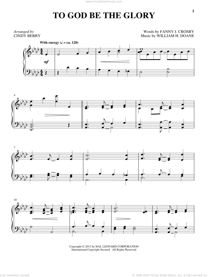 To God Be The Glory sheet music for piano solo by William H. Doane, Cindy Berry and Fanny J. Crosby, intermediate skill level