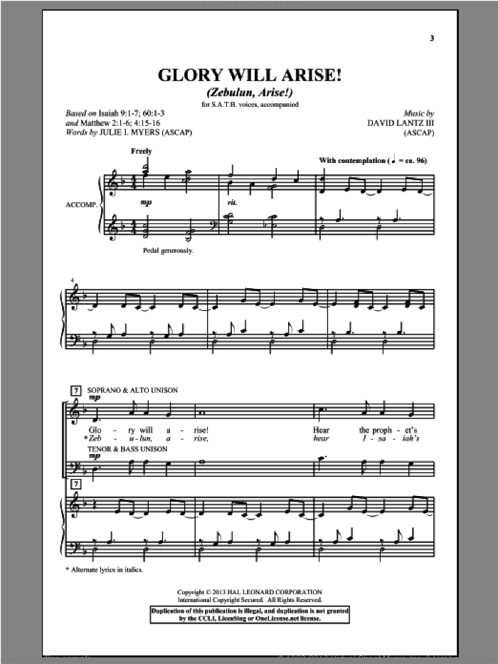 Glory Will Arise! (Zebulun, Arise) sheet music for choir (SATB: soprano, alto, tenor, bass) by David Lantz, intermediate skill level