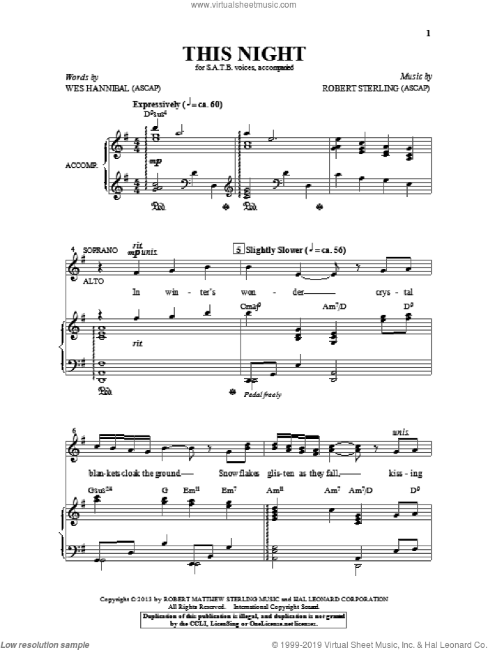 This Night sheet music for choir (SATB: soprano, alto, tenor, bass) by Robert Sterling, intermediate skill level
