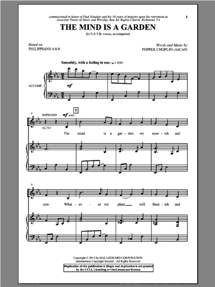 The Mind Is A Garden sheet music for choir (SATB: soprano, alto, tenor, bass) by Pepper Choplin, intermediate skill level