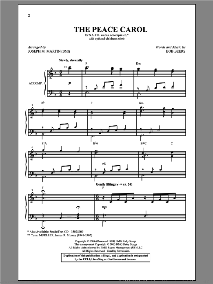 The Peace Carol sheet music for choir (SATB: soprano, alto, tenor, bass) by Joseph M. Martin and John Denver, intermediate skill level