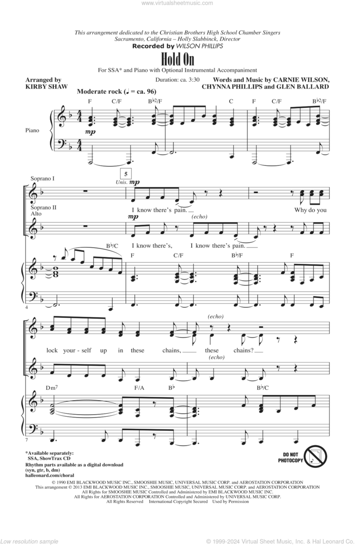 Hold On (arr. Kirby Shaw) sheet music for choir (SSA: soprano, alto) by Kirby Shaw and Wilson Phillips, intermediate skill level