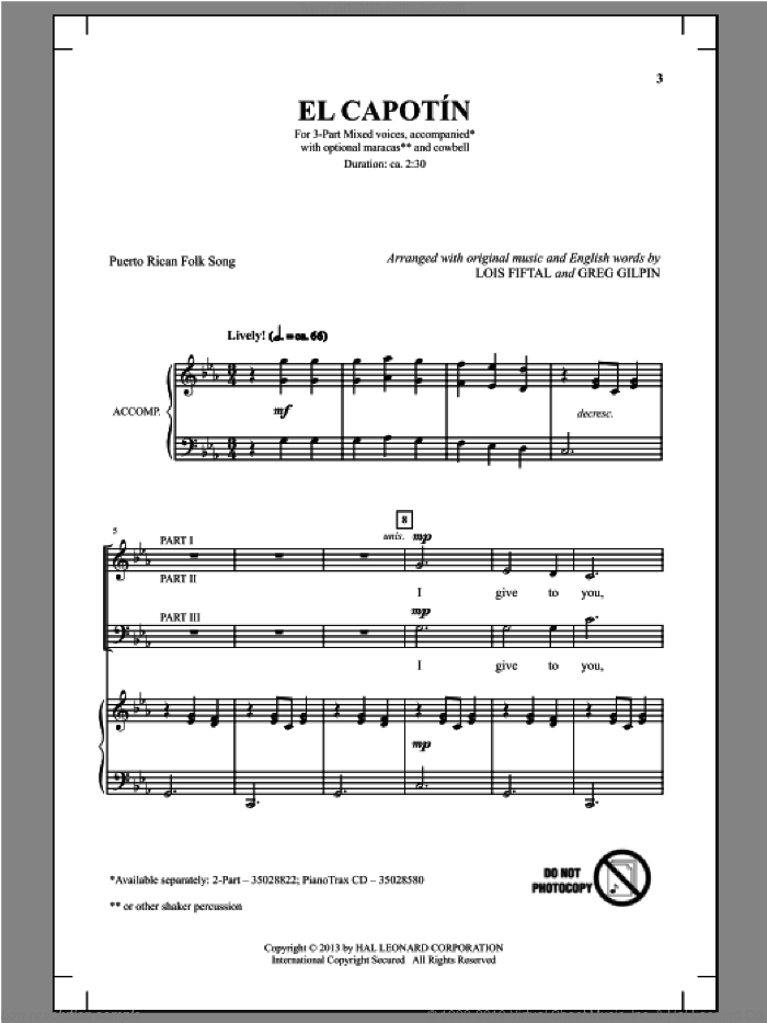 El Capotin sheet music for choir (3-Part Mixed) by Greg Gilpin and Lois Fiftal, intermediate skill level