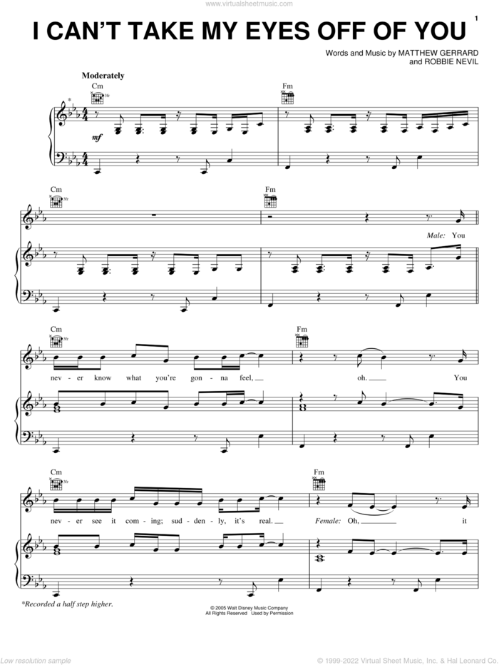 I Can't Take My Eyes Off Of You sheet music for voice, piano or guitar by High School Musical, Ashley Tisda, Lucas Gabreel, Vanessa Hudgens, Zac Efron, Matthew Gerrard and Robbie Nevil, intermediate skill level
