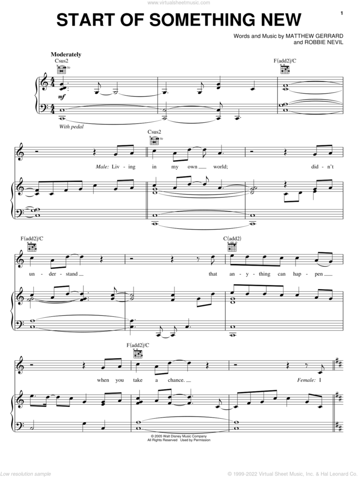 Start Of Something New sheet music for voice, piano or guitar by High School Musical, Vanessa Hudgens, Zac Efron, Matthew Gerrard and Robbie Nevil, intermediate skill level