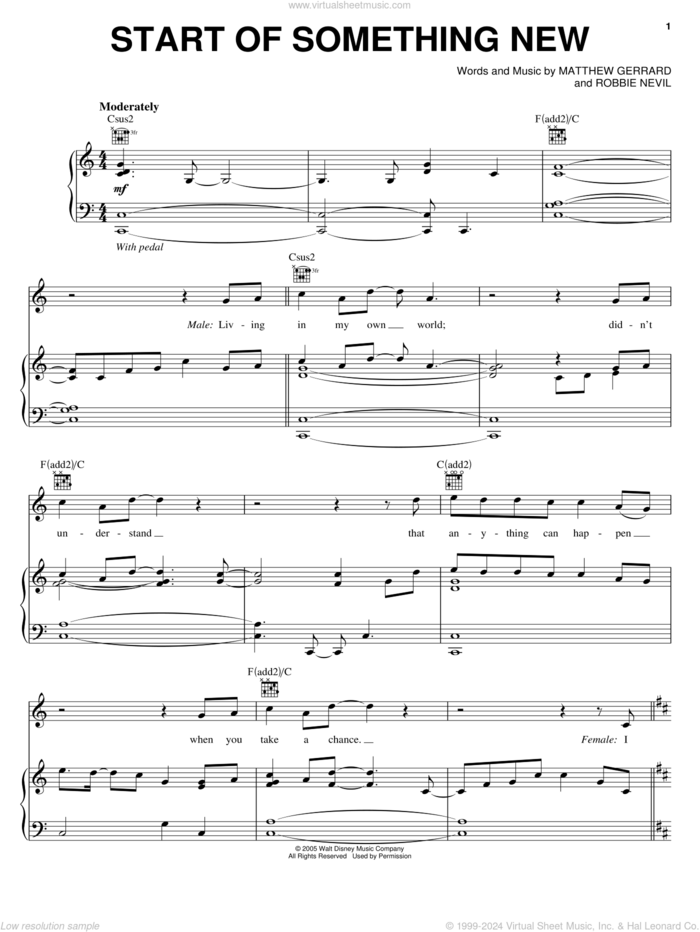 Start Of Something New sheet music for voice, piano or guitar by High School Musical, Vanessa Hudgens, Zac Efron, Matthew Gerrard and Robbie Nevil, intermediate skill level