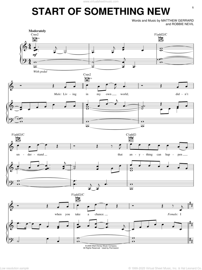 Start Of Something New sheet music for voice, piano or guitar by High School Musical, Vanessa Hudgens, Zac Efron, Matthew Gerrard and Robbie Nevil, intermediate skill level