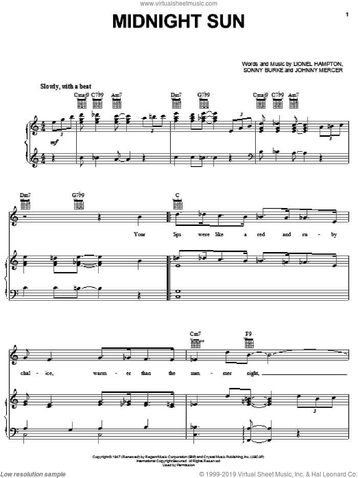 Midnight Sun sheet music for voice, piano or guitar by Johnny Mercer, Lionel Hampton and Sonny Burke, intermediate skill level
