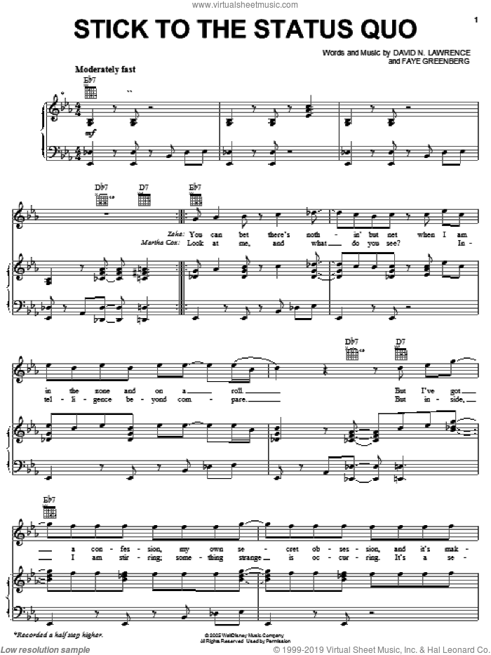 Stick To The Status Quo sheet music for voice, piano or guitar by High School Musical, David N. Lawrence and Faye Greenberg, intermediate skill level