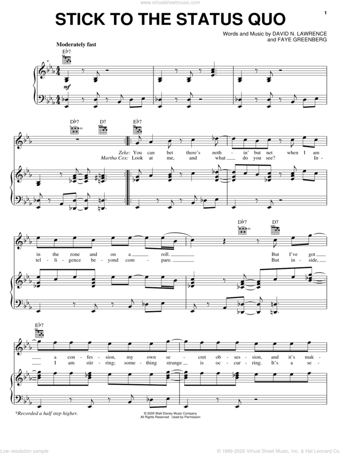 Stick To The Status Quo sheet music for voice, piano or guitar by High School Musical, David N. Lawrence and Faye Greenberg, intermediate skill level