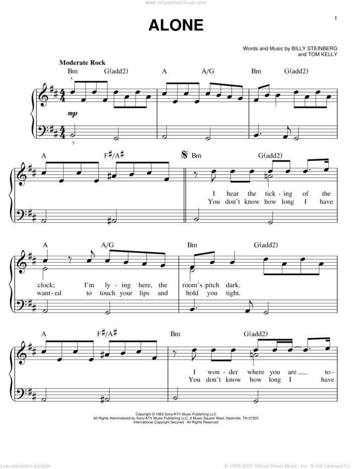 Alone sheet music for piano solo by Heart, Miscellaneous, Billy Steinberg and Tom Kelly, easy skill level