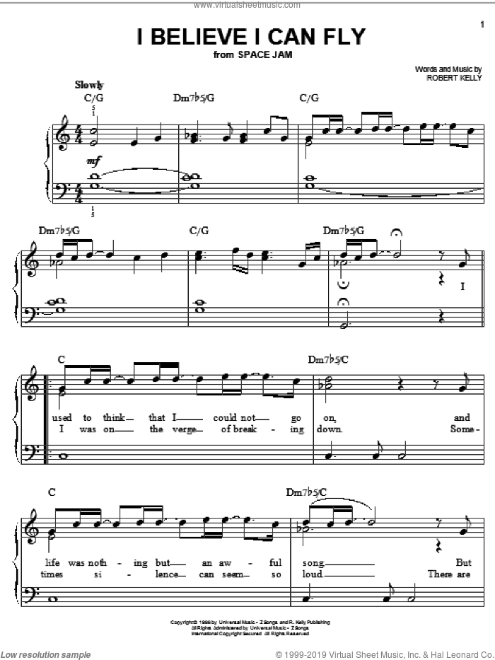 I Believe I Can Fly, (easy) sheet music for piano solo by Robert Kelly, easy skill level