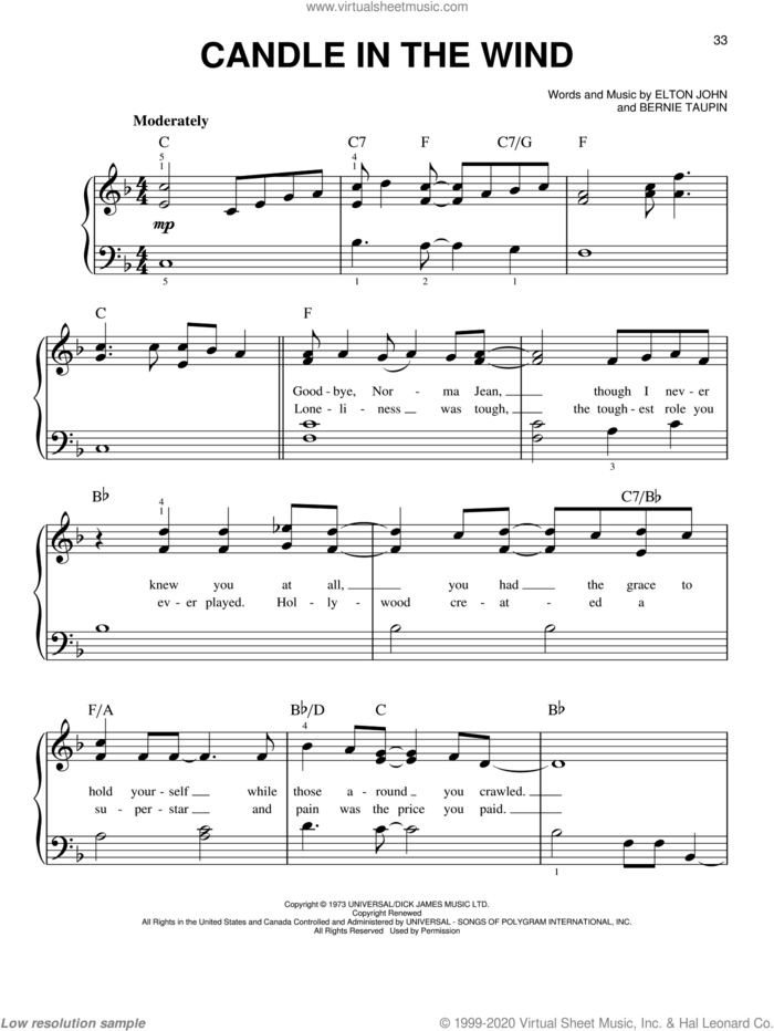 Candle In The Wind, (easy) sheet music for piano solo by Elton John and Bernie Taupin, easy skill level