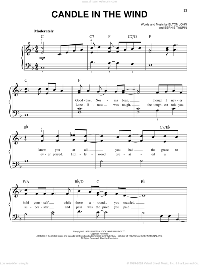 Candle In The Wind, (easy) sheet music for piano solo by Elton John and Bernie Taupin, easy skill level