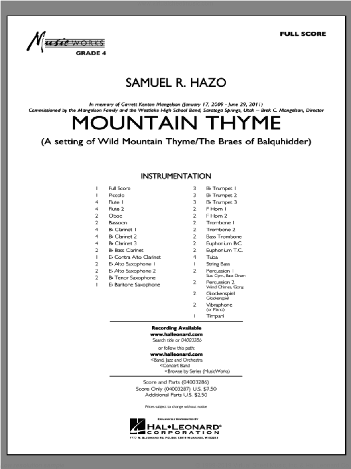 Mountain Thyme (COMPLETE) sheet music for concert band by Samuel R. Hazo, intermediate skill level