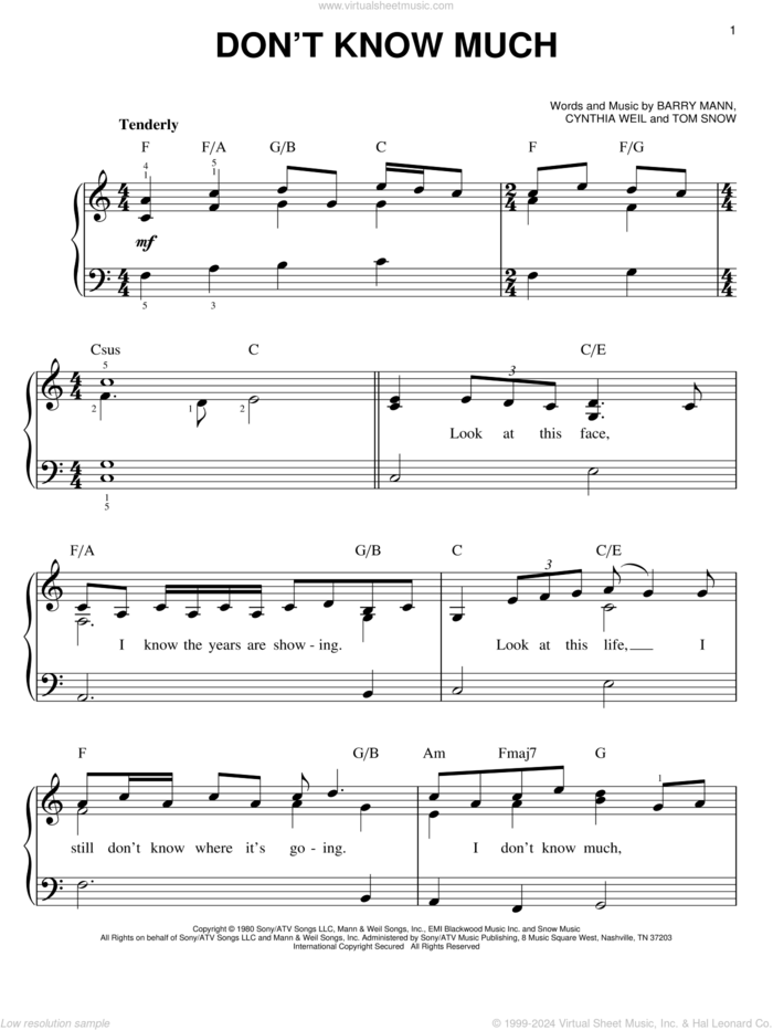 Don't Know Much sheet music for piano solo by Aaron Neville and Linda Ronstadt, Aaron Neville, Linda Ronstadt, Linda Ronstadt and Aaron Neville, Barry Mann, Cynthia Weil and Tom Snow, wedding score, easy skill level