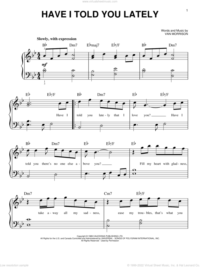 Have I Told You Lately, (beginner) sheet music for piano solo by Van Morrison, Emilio and Rod Stewart, wedding score, beginner skill level