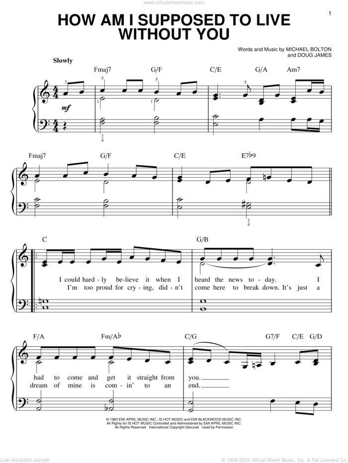 How Am I Supposed To Live Without You, (easy) sheet music for piano solo by Michael Bolton and Doug James, wedding score, easy skill level
