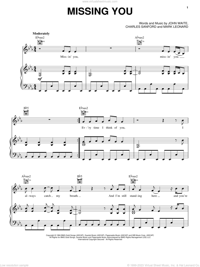 Missing You sheet music for voice, piano or guitar by John Waite, Brooks & Dunn, Charles Sanford and Mark Leonard, intermediate skill level