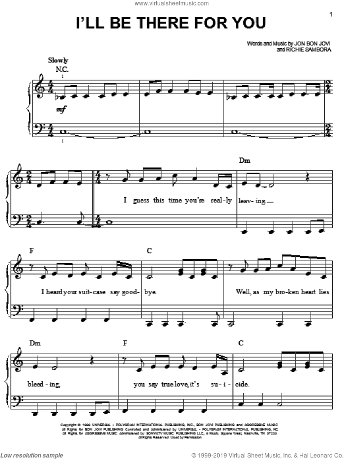 I'll Be There For You sheet music for piano solo by Bon Jovi and Richie Sambora, wedding score, easy skill level