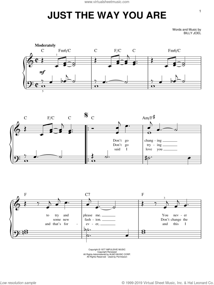 Just The Way You Are, (easy) sheet music for piano solo by Billy Joel, wedding score, easy skill level