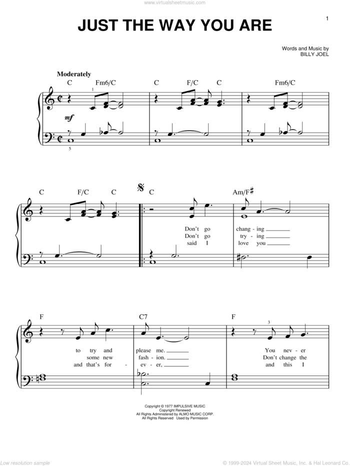 Just The Way You Are, (easy) sheet music for piano solo by Billy Joel, wedding score, easy skill level