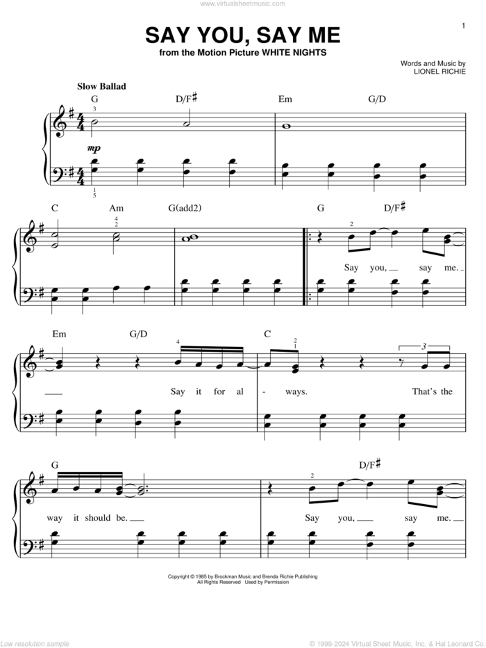 Say You, Say Me, (easy) sheet music for piano solo by Lionel Richie, easy skill level