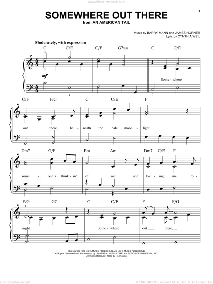 Somewhere Out There, (easy) sheet music for piano solo by Linda Ronstadt & James Ingram, James Ingram, Linda Ronstadt, Barry Mann, Cynthia Weil and James Horner, wedding score, easy skill level