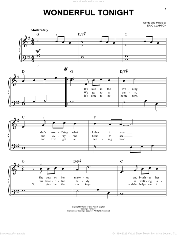 Wonderful Tonight, (easy) sheet music for piano solo by Eric Clapton and David Kersh, wedding score, easy skill level